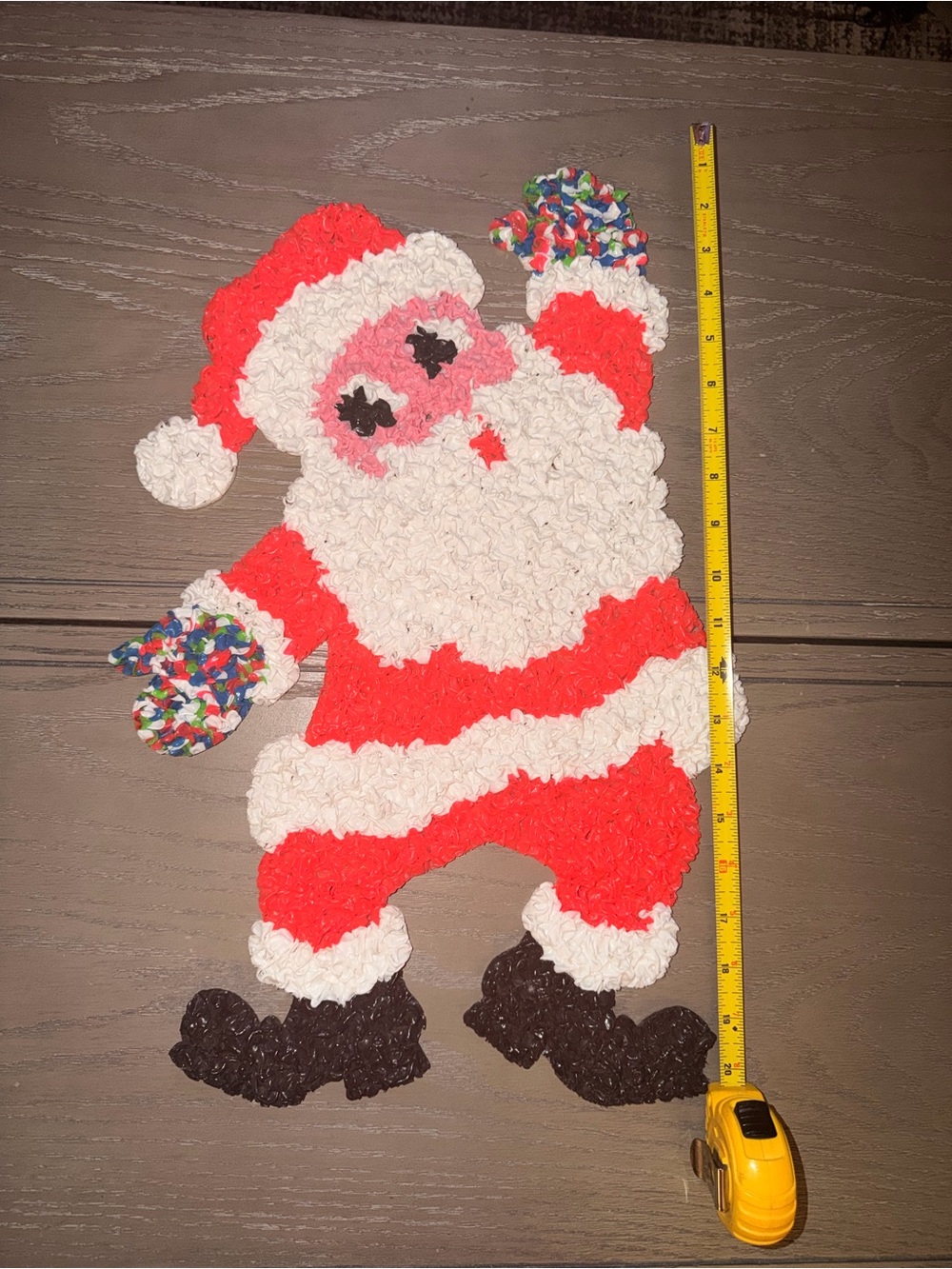 vintage 1970s "melted plastic popcorn" waving Santa Claus decoration.